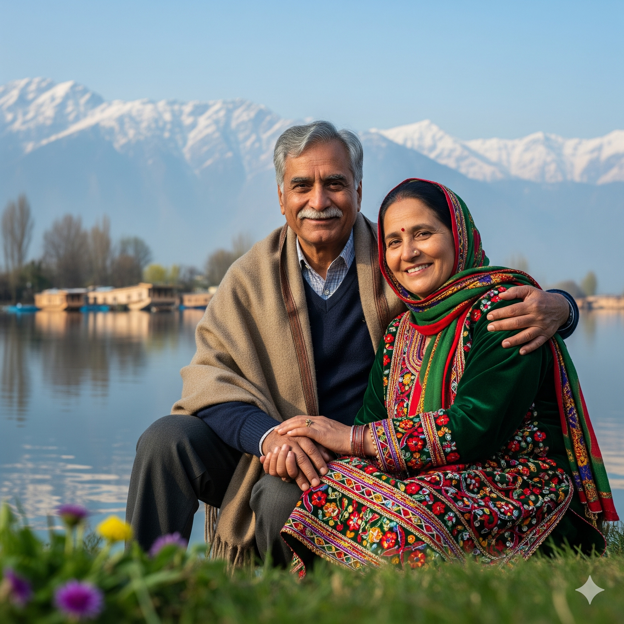 Rajesh Gupta and his wife sitting peacefully by a serene lake in Kashmir, with majestic snow-capped mountains in the background.